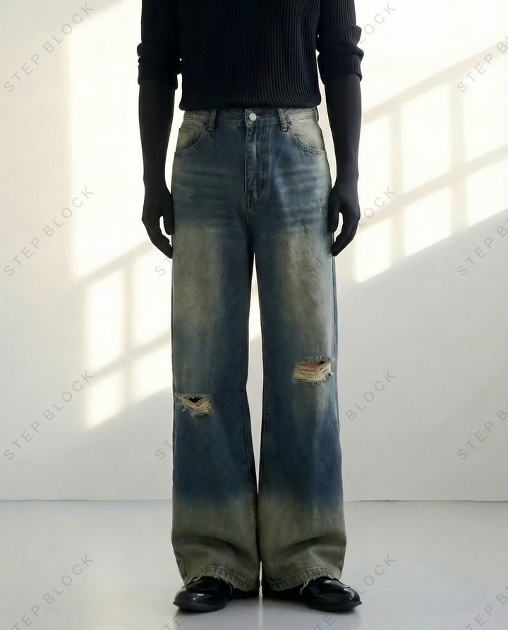STEP BLOCK MT021 Vintage Distressed Wide-Leg Jeans