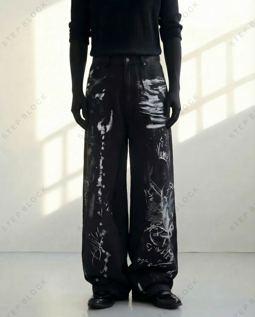 STEP BLOCK MT026 vintage black graffiti print wide-leg pants