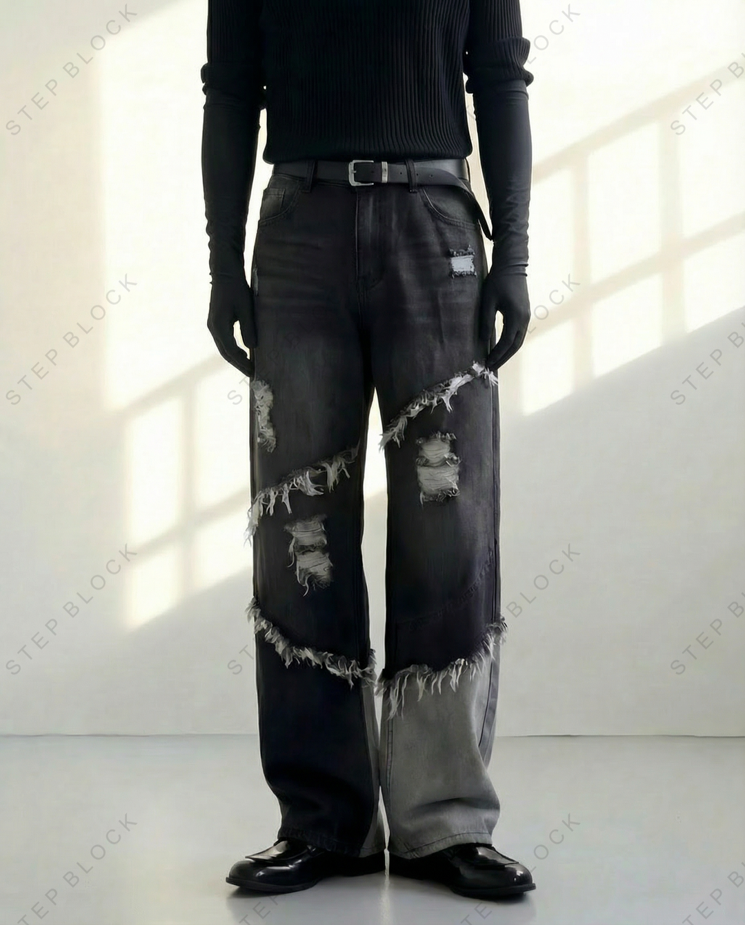 STEP BLOCK MT027 vintage washed distressed patchwork baggy jeans