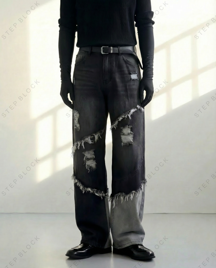STEP BLOCK MT027 vintage washed distressed patchwork baggy jeans