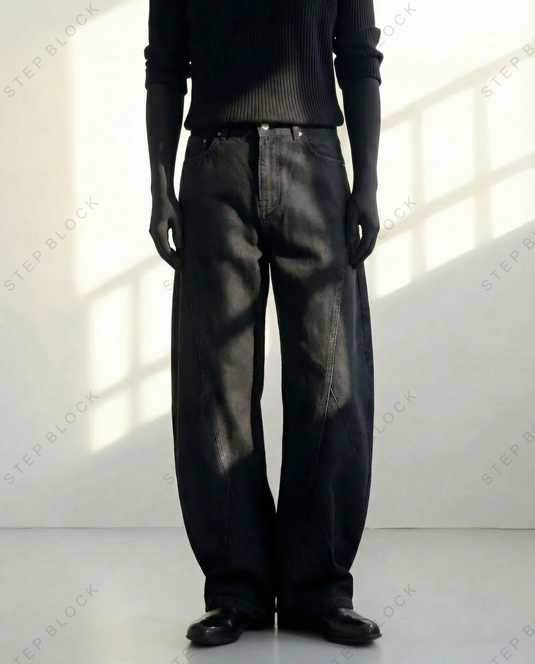 STEP BLOCK MT029 minimalist black wide-leg jeans