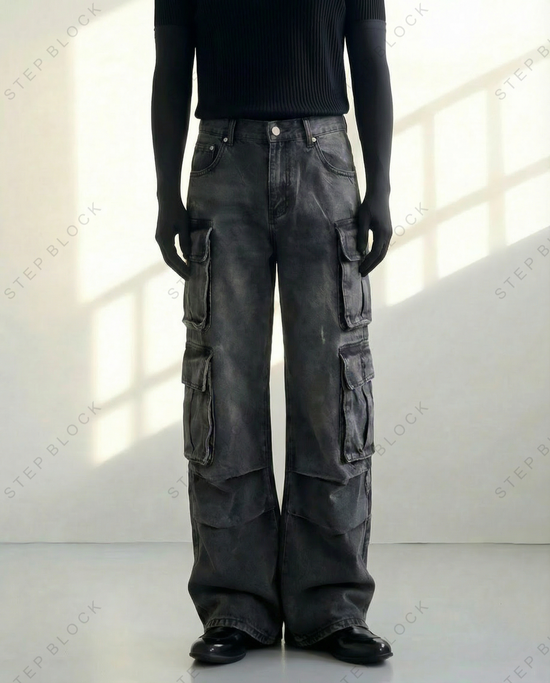STEP BLOCK MT030 vintage washed multi-pocket baggy cargo jeans
