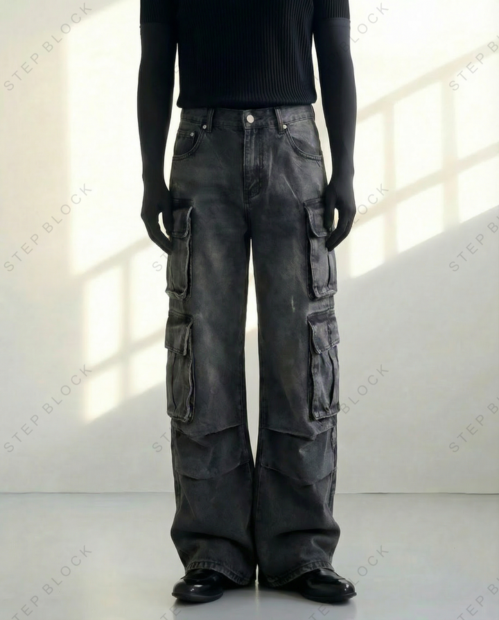 STEP BLOCK MT030 vintage washed multi-pocket baggy cargo jeans