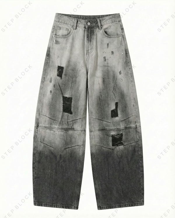 STEP BLOCK MT043 vintage washed distressed baggy jeans with black patches