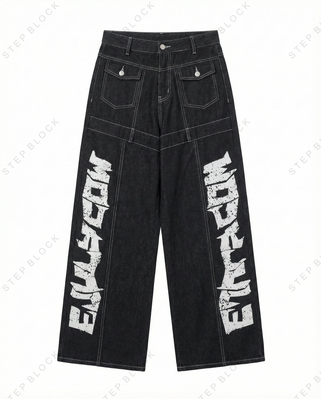 STEP BLOCK MT044 vintage black washed baggy jeans with side text embroidery