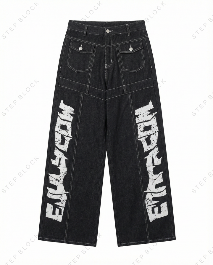 STEP BLOCK MT044 vintage black washed baggy jeans with side text embroidery
