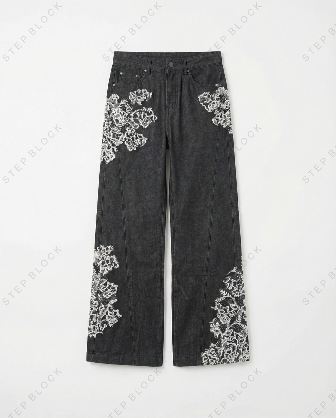 STEP BLOCK MT045 vintage black washed baggy jeans with white floral embroidery