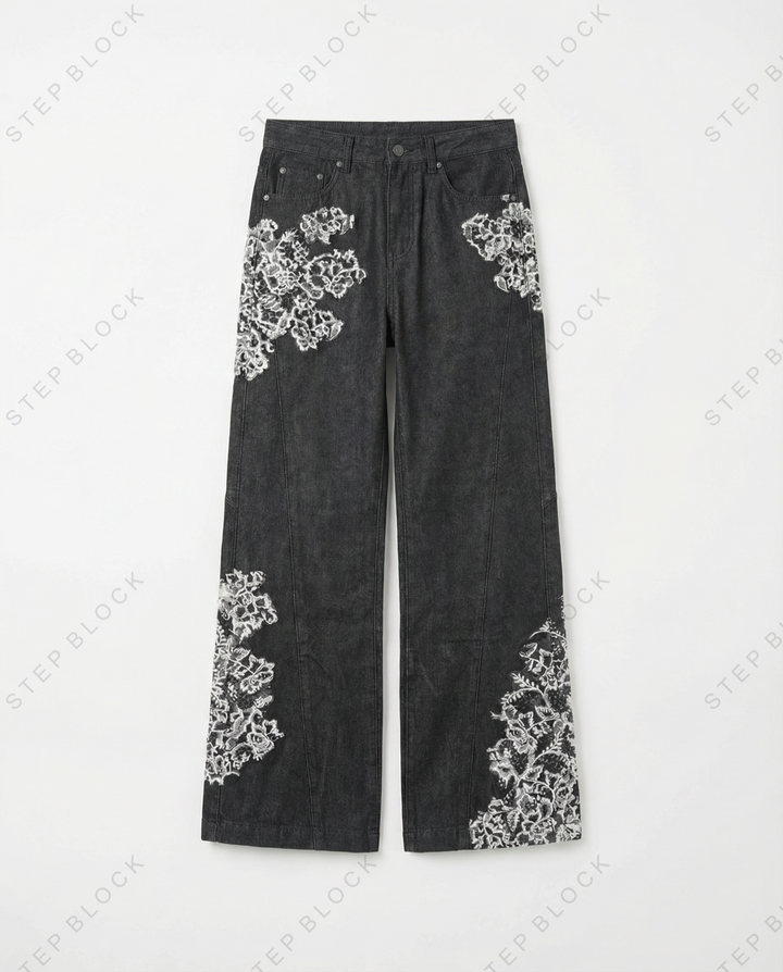 STEP BLOCK MT045 vintage black washed baggy jeans with white floral embroidery