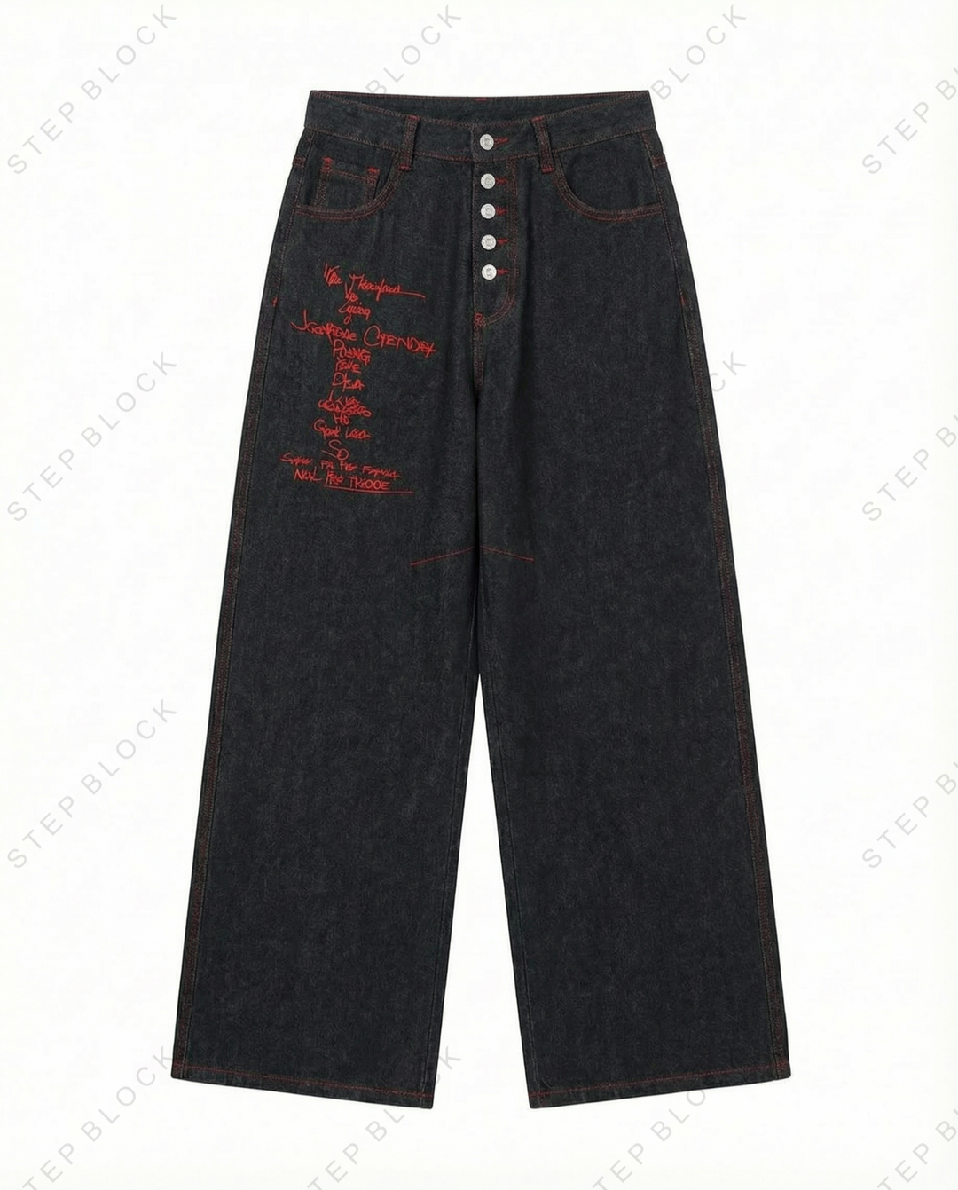 STEP BLOCK MT046 vintage black washed baggy jeans with red embroidery patches