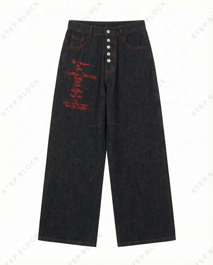 STEP BLOCK MT046 vintage black washed baggy jeans with red embroidery patches