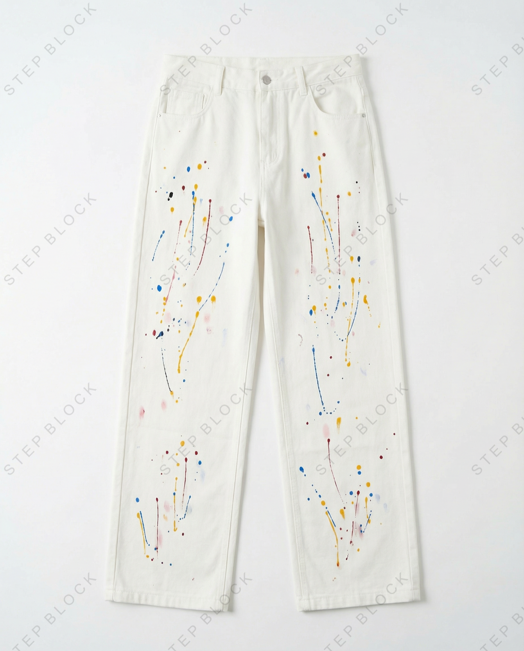 STEP BLOCK MT047 white wide-leg pants with colorful paint splatter design