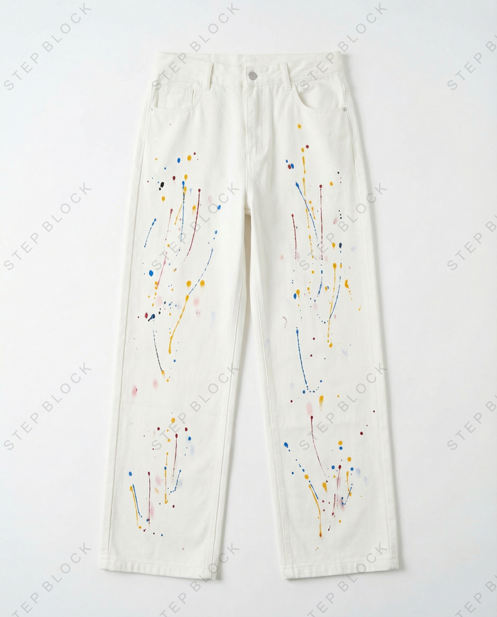 STEP BLOCK MT047 white wide-leg pants with colorful paint splatter design