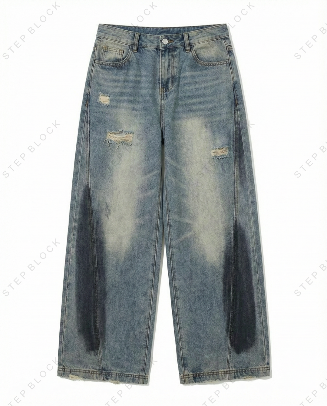 STEP BLOCK MT048 vintage washed distressed baggy jeans with patches