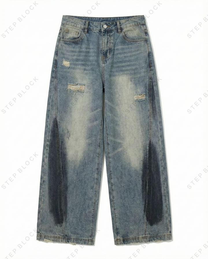 STEP BLOCK MT048 vintage washed distressed baggy jeans with patches