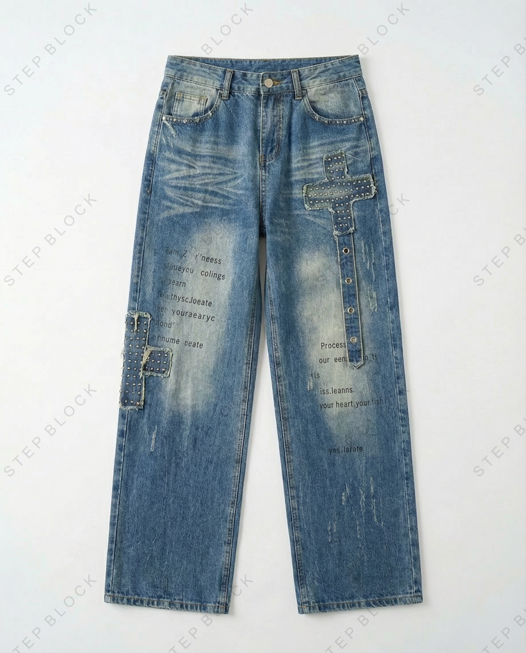 STEP BLOCK MT049 vintage washed distressed graffiti baggy jeans