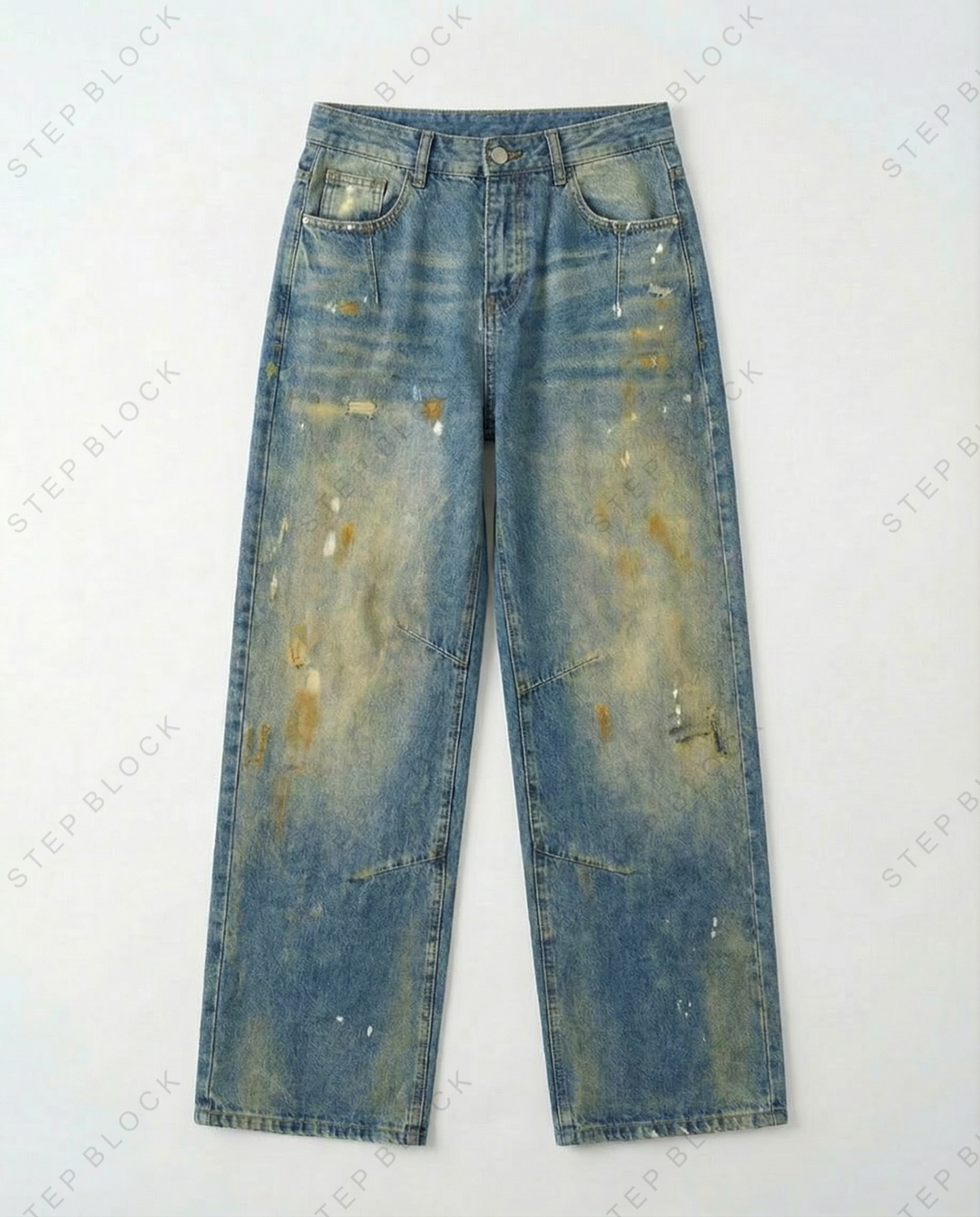 STEP BLOCK MT050 vintage washed oil-stained distressed baggy jeans