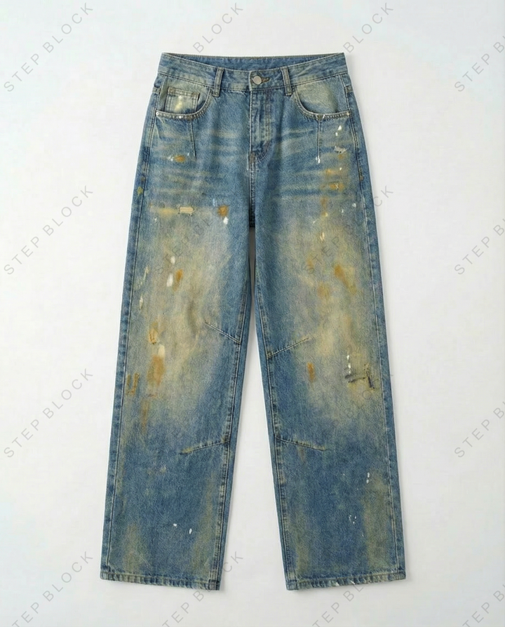 STEP BLOCK MT050 vintage washed oil-stained distressed baggy jeans