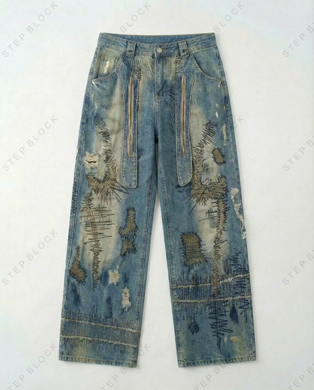 STEP BLOCK MT051 vintage washed distressed graffiti baggy jeans