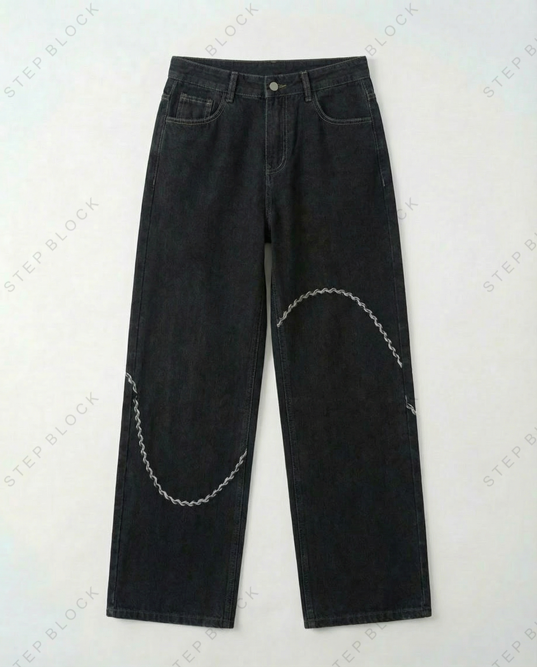STEP BLOCK MT052 vintage washed black baggy jeans with white stitching