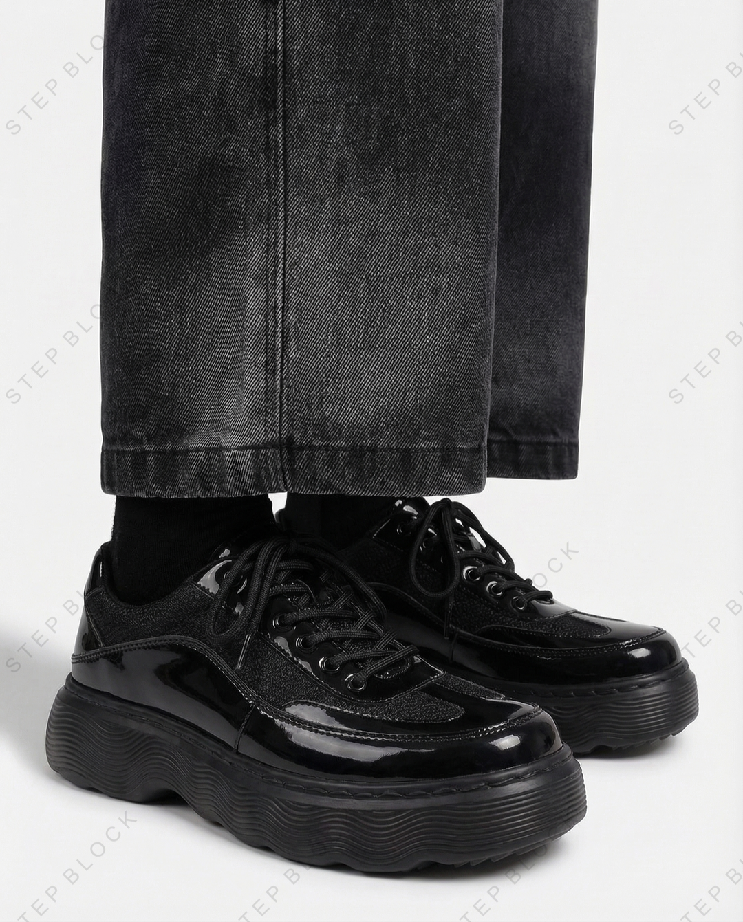 STEP BLOCK SH029 Chunky Platform Patent Leather Lace-Up Oxford Shoes