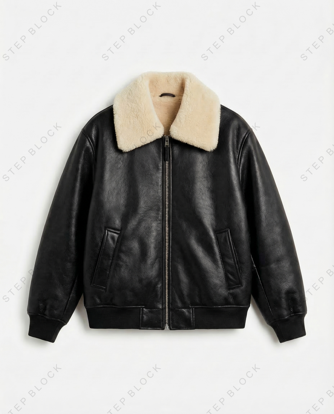 Black leather bomber jacket with shearling collar, STEP BLOCK ST1003