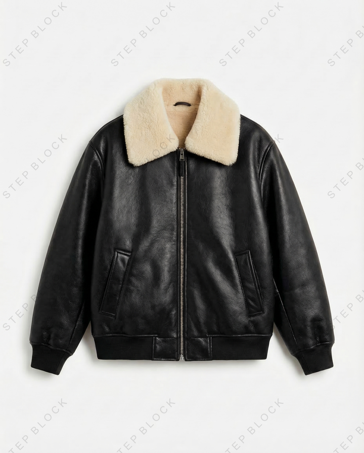 Black leather bomber jacket with shearling collar, STEP BLOCK ST1003