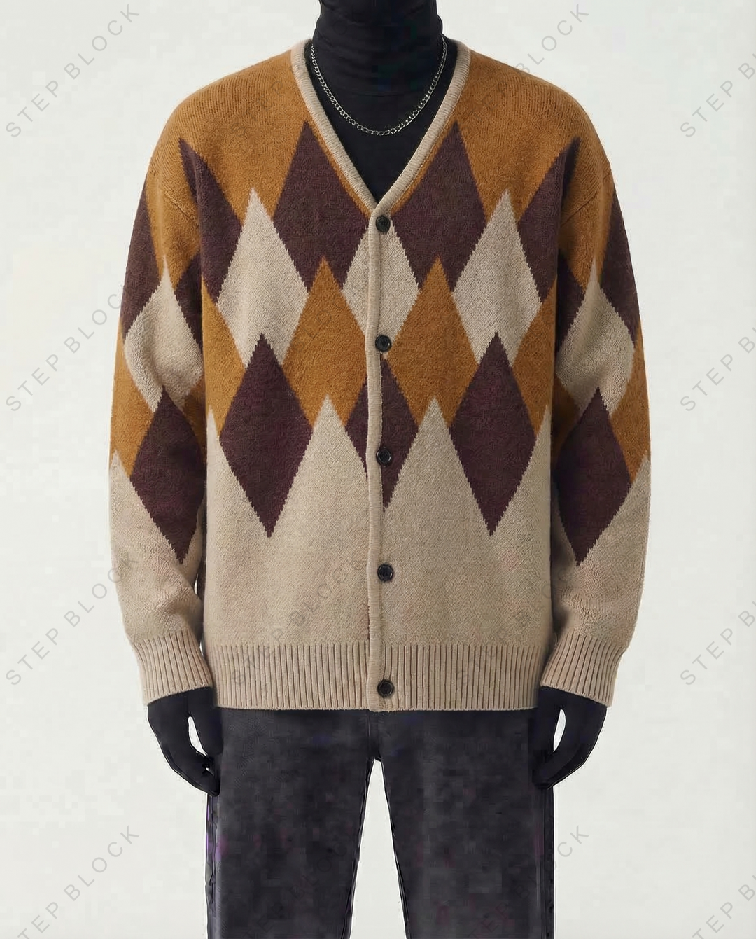 STEP BLOCK ST1000 Argyle Pattern Knit Cardigan