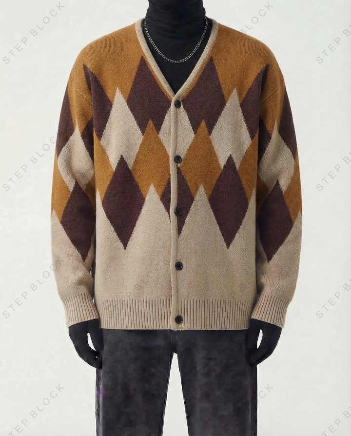 STEP BLOCK ST1000 Argyle Pattern Knit Cardigan