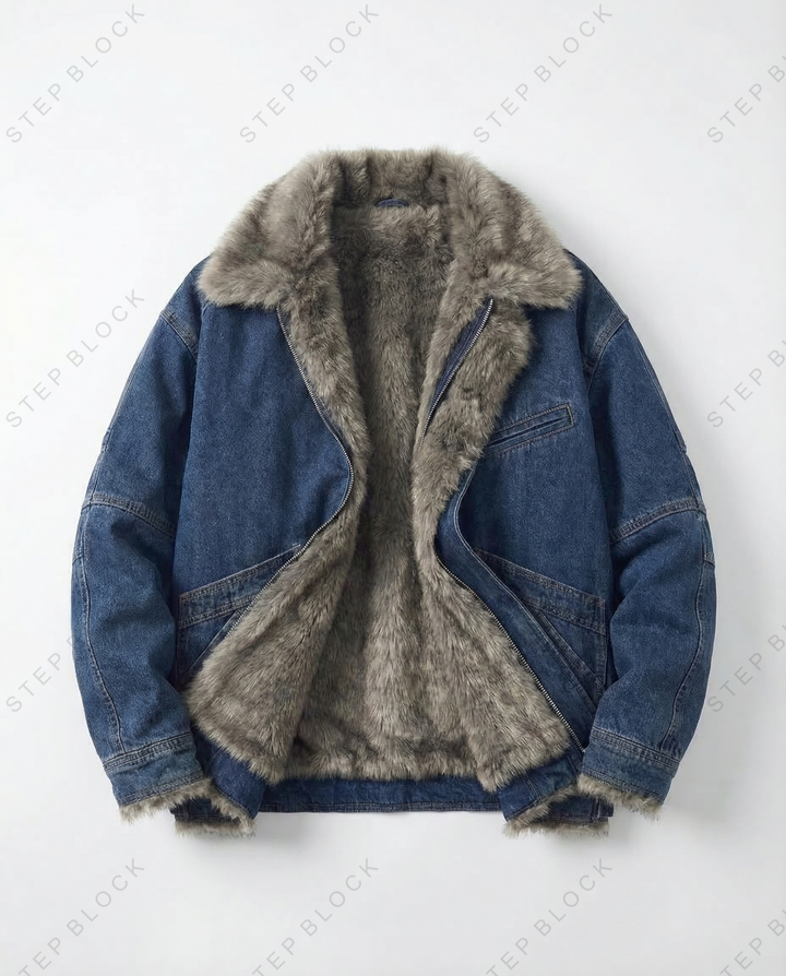 STEP BLOCK ST1019 Shearling Lined Denim Jacket