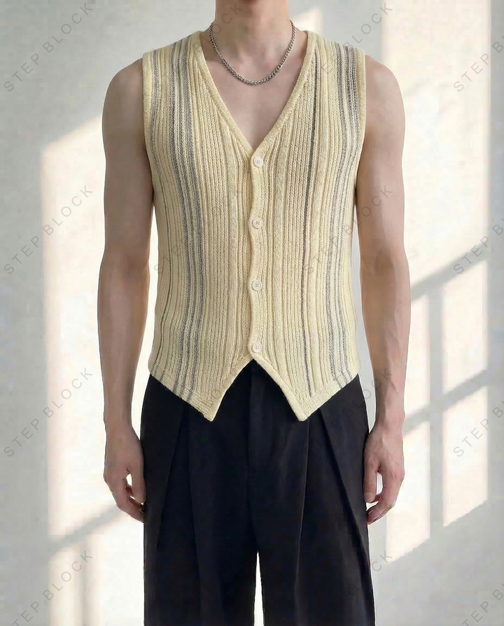 STEP BLOCK MT547 Striped Knit V-Neck Vest