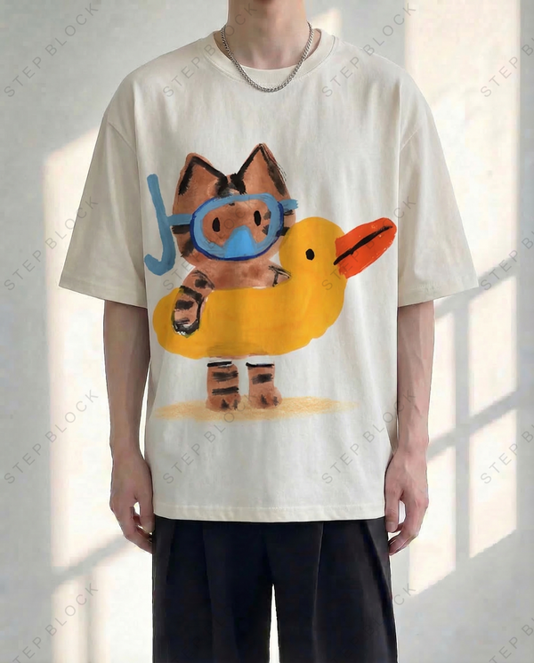 STEP BLOCK MT525 Men's Cartoon Cat Duck Print Oversized Streetwear tshirt
