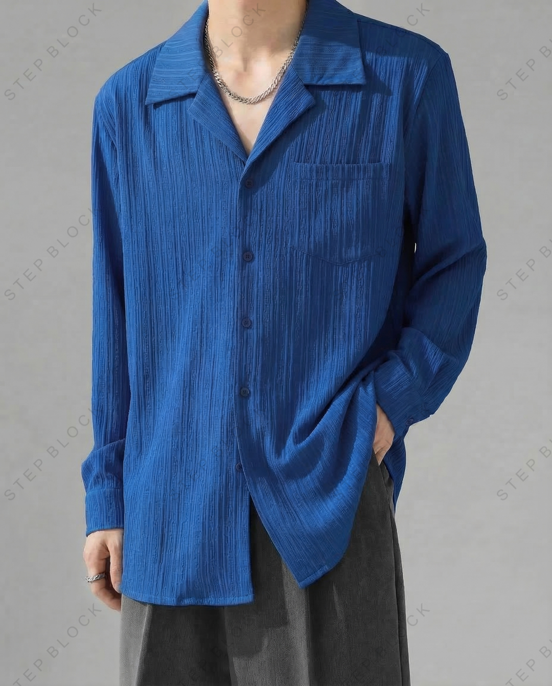 STEP BLOCK MT526 Crinkle Texture Camp Collar Long-Sleeve Shirt