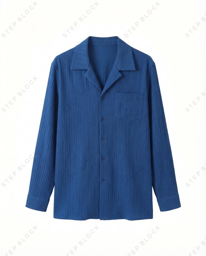 STEP BLOCK MT526 Crinkle Texture Camp Collar Long-Sleeve Shirt