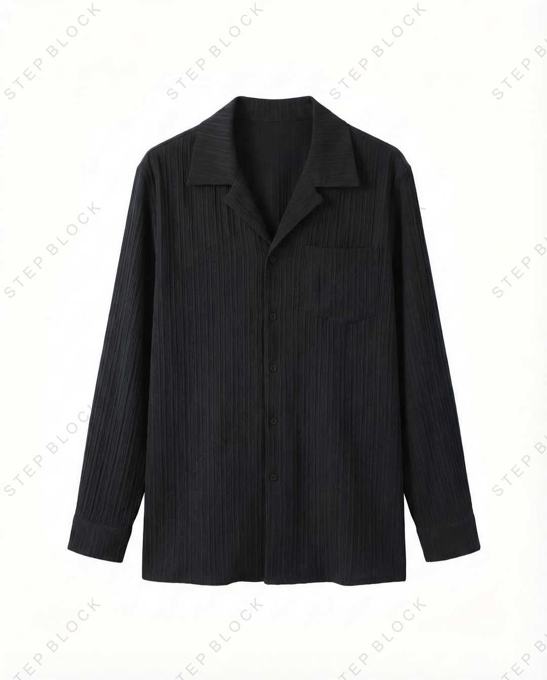 STEP BLOCK MT526 Crinkle Texture Camp Collar Long-Sleeve Shirt