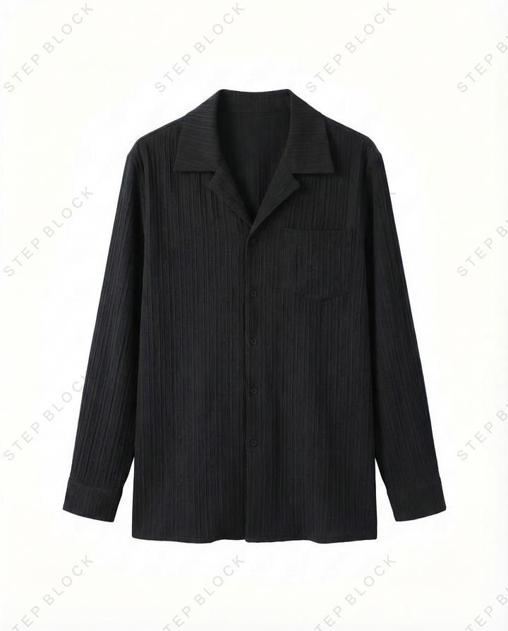STEP BLOCK MT526 Crinkle Texture Camp Collar Long-Sleeve Shirt
