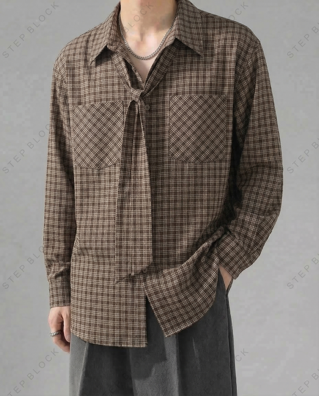 STEP BLOCK MT529 Checkerboard Pattern Neck Tie Shirt