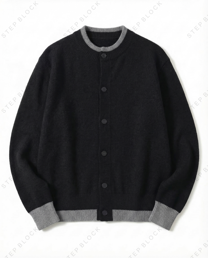 STEP BLOCK MT530 Contrast Trim Crew Neck Knit Cardigan
