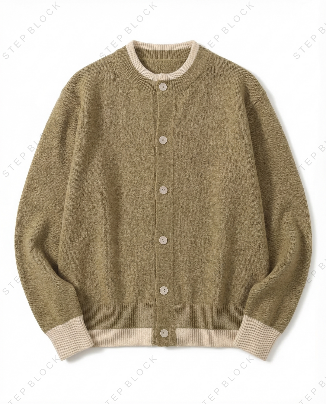 STEP BLOCK MT530 Contrast Trim Crew Neck Knit Cardigan