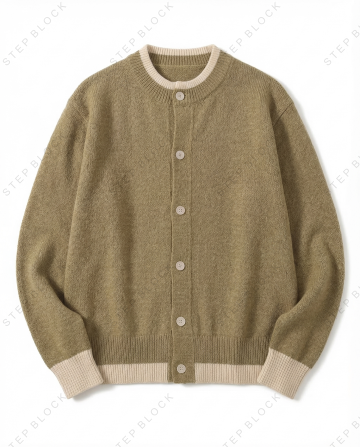 STEP BLOCK MT530 Contrast Trim Crew Neck Knit Cardigan