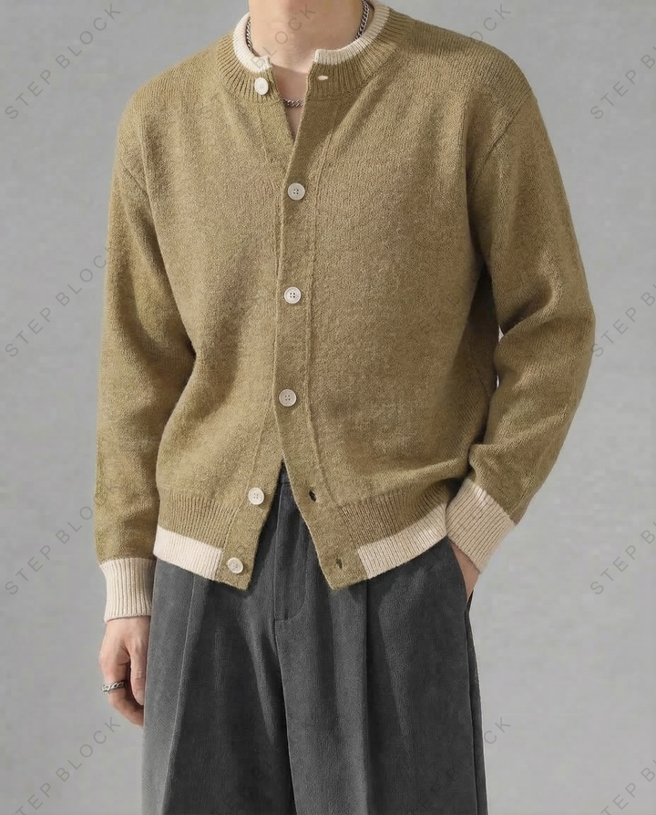 STEP BLOCK MT530 Contrast Trim Crew Neck Knit Cardigan