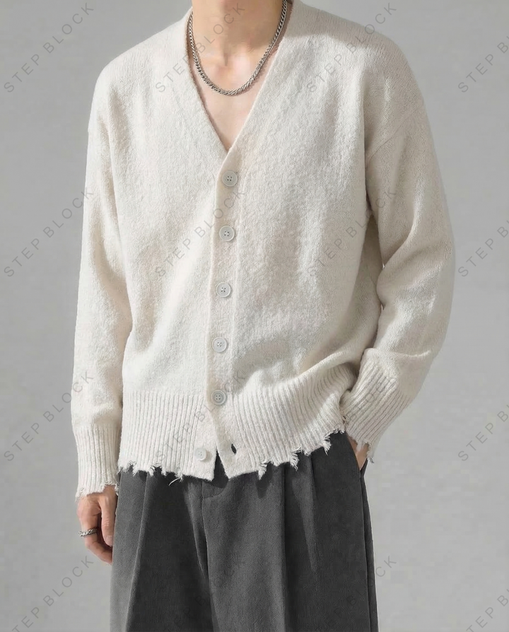 STEP BLOCK MT531 Distressed Hem V-Neck Knit Cardigan