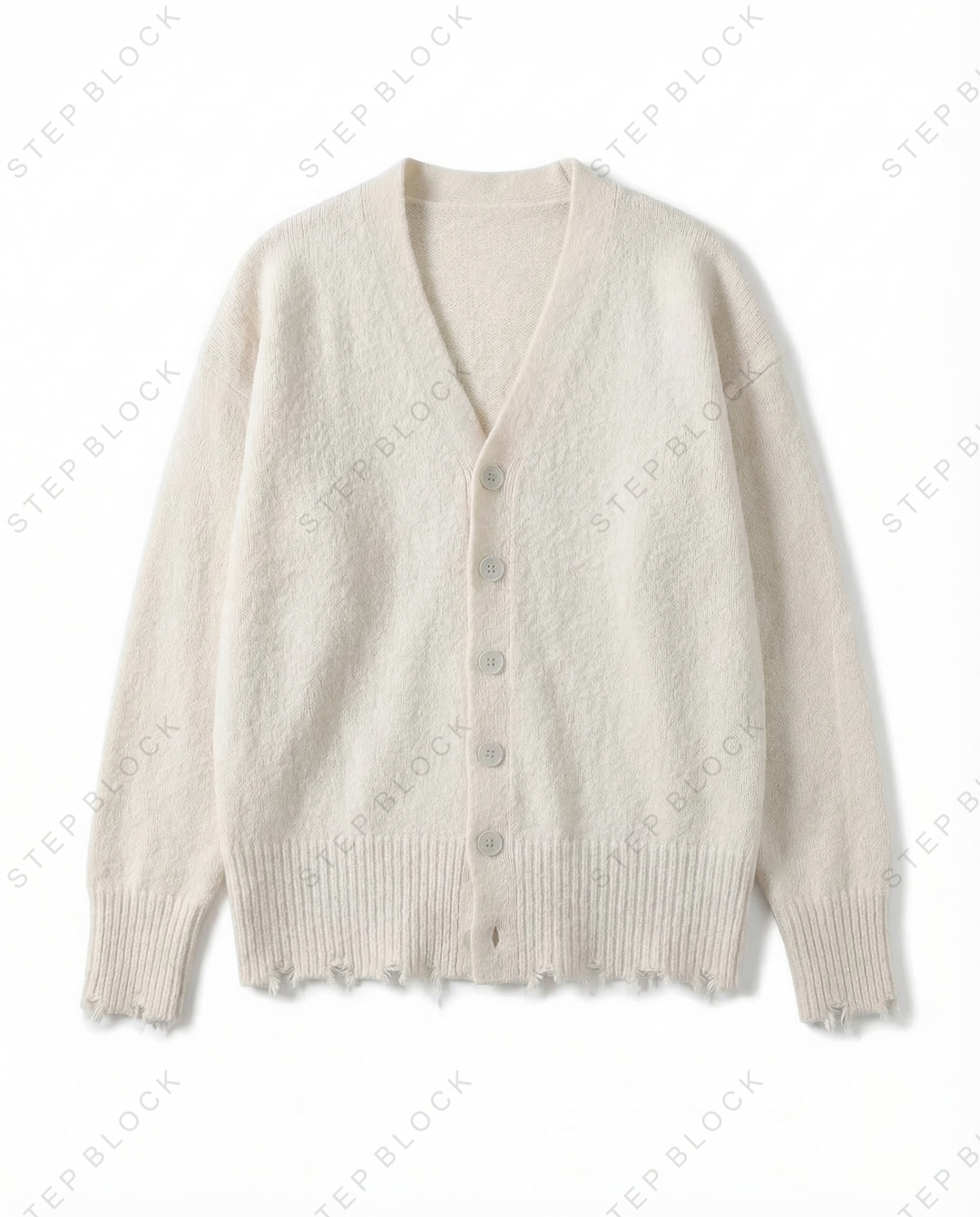 STEP BLOCK MT531 Distressed Hem V-Neck Knit Cardigan