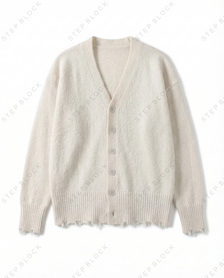 STEP BLOCK MT531 Distressed Hem V-Neck Knit Cardigan