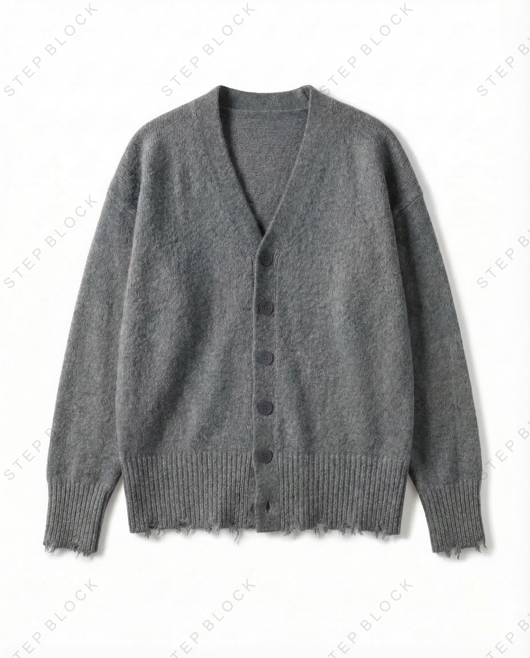 STEP BLOCK MT531 Distressed Hem V-Neck Knit Cardigan