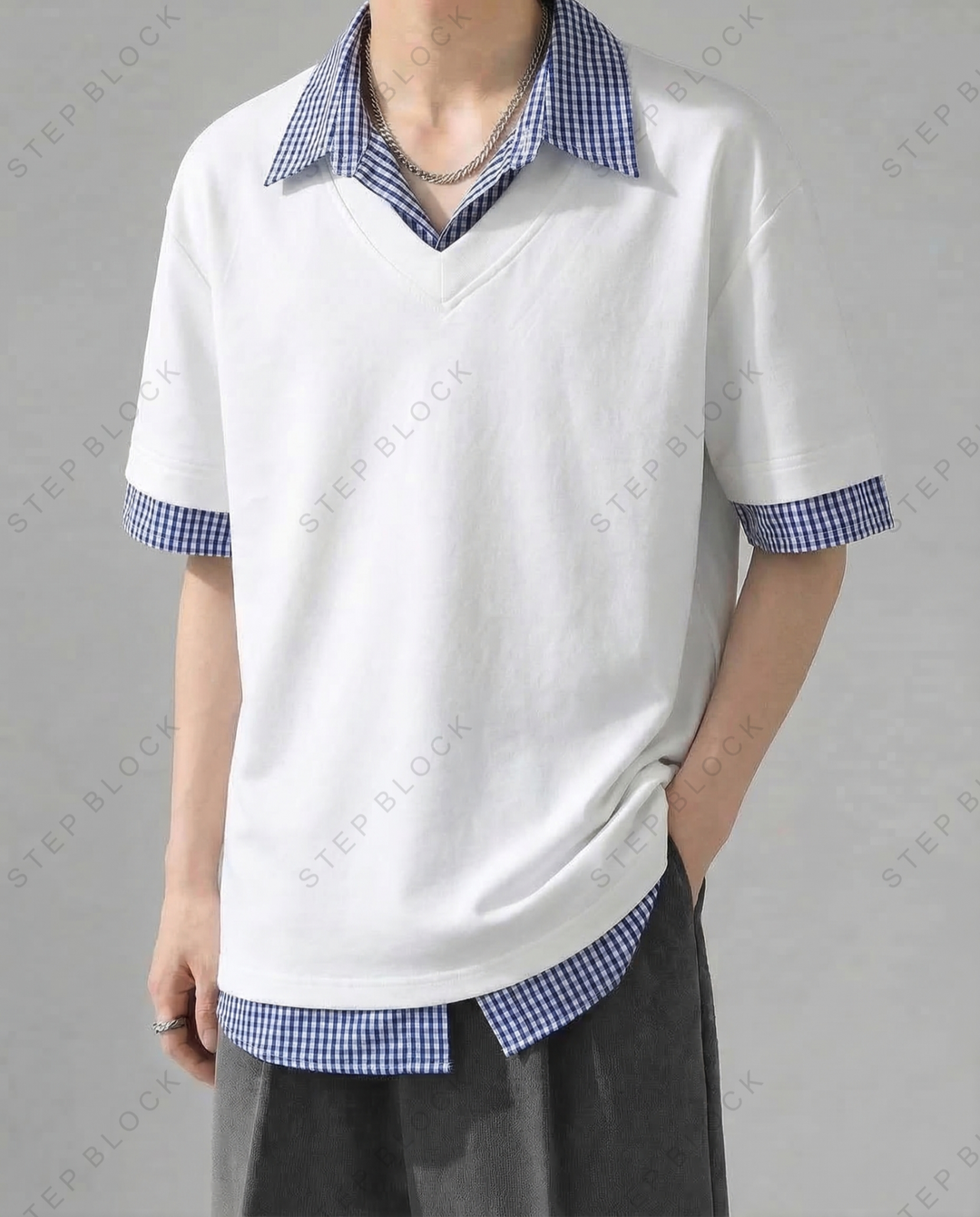 STEP BLOCK MT532 Layered Plaid Trim Short-Sleeve T-Shirt