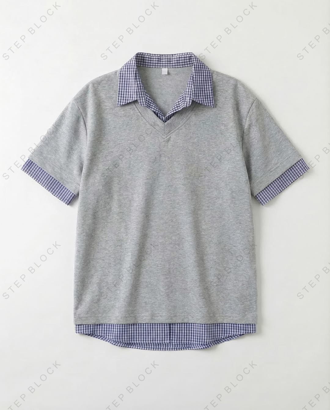 STEP BLOCK MT532 Layered Plaid Trim Short-Sleeve T-Shirt