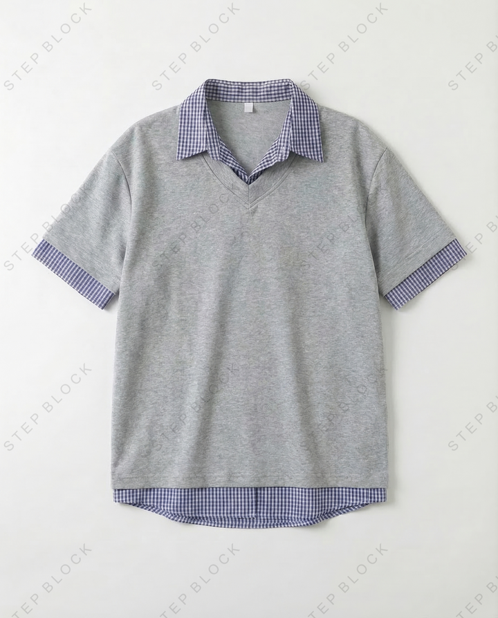 STEP BLOCK MT532 Layered Plaid Trim Short-Sleeve T-Shirt