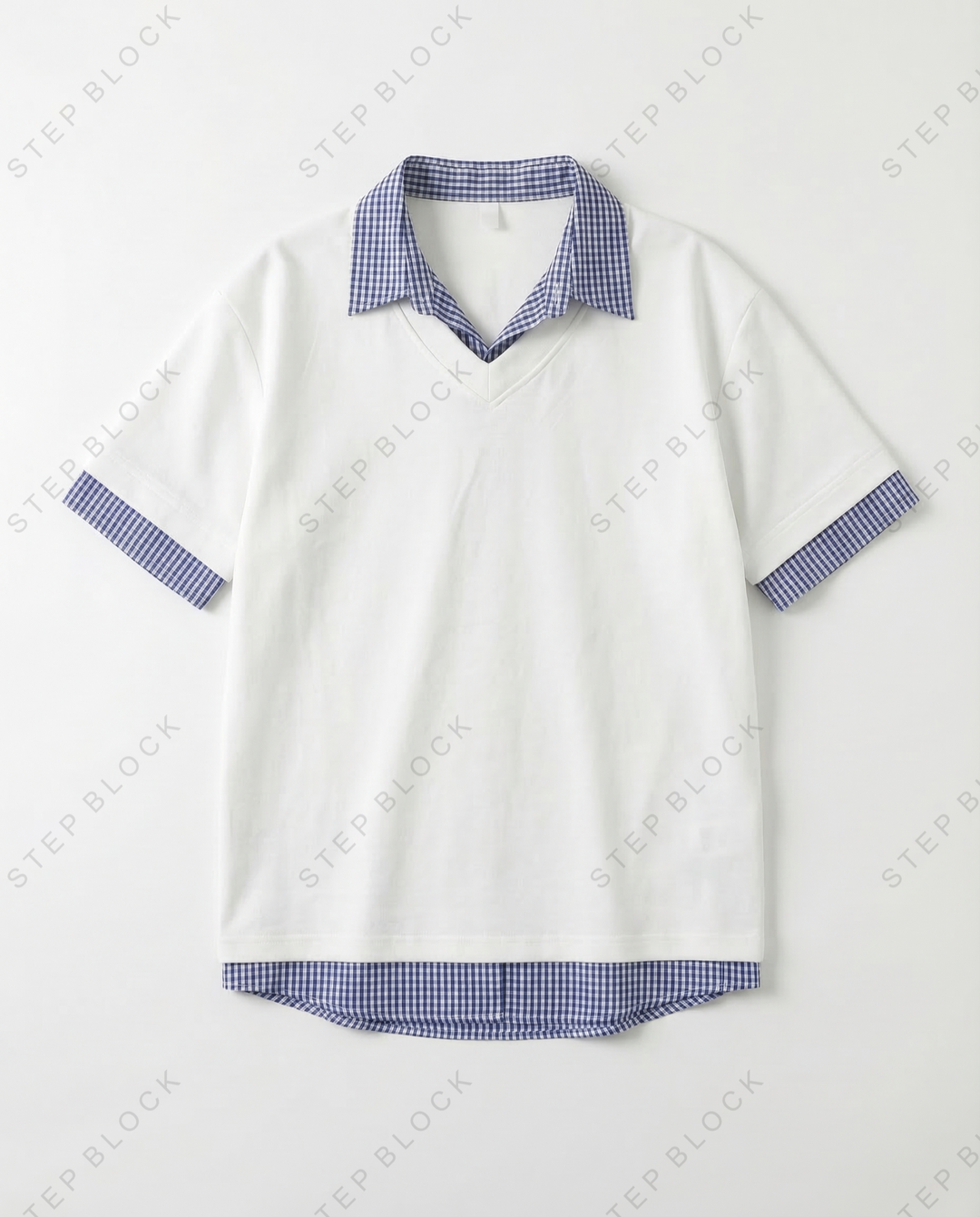 STEP BLOCK MT532 Layered Plaid Trim Short-Sleeve T-Shirt