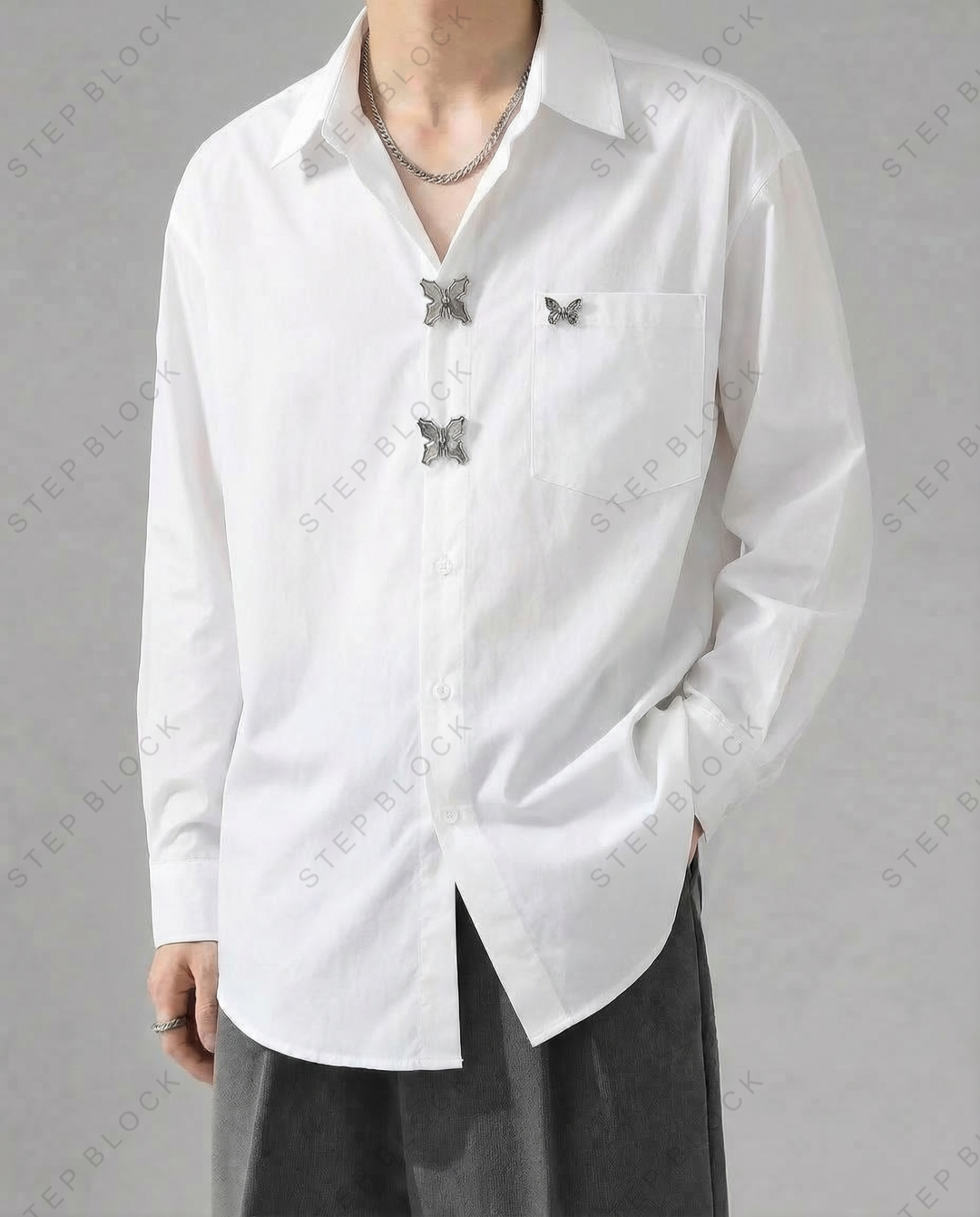 STEP BLOCK MT534 Butterfly Detail Loose-Fit Long-Sleeve Shirt