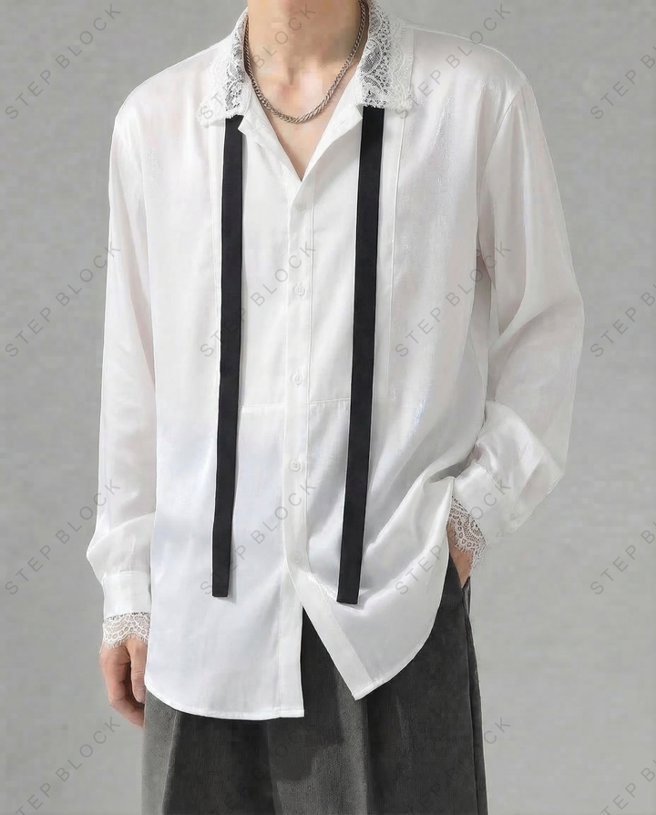 STEP BLOCK MT538 Lace Trim Tie Detail Long-Sleeve Shirt